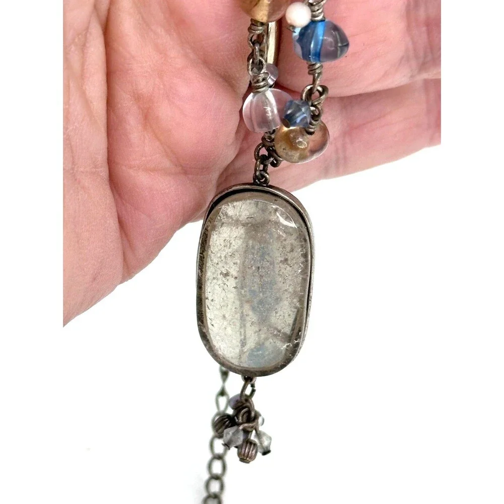 Vintage Monet Quartz Pendant Pastel Beaded Necklace Blue Peach